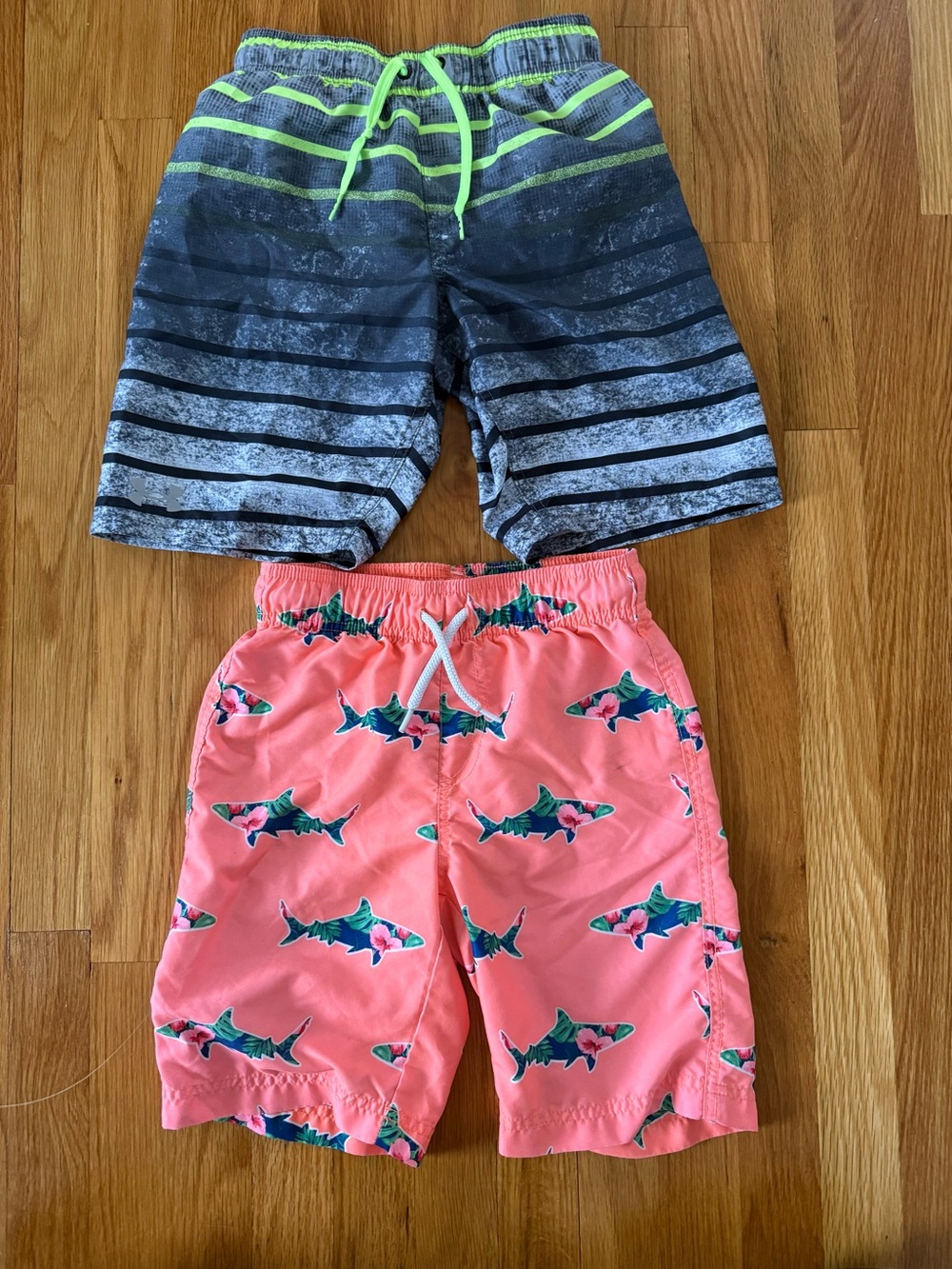 Boys Swim Shorts 2-Pack — Gray Striped & Coral Shark Print
